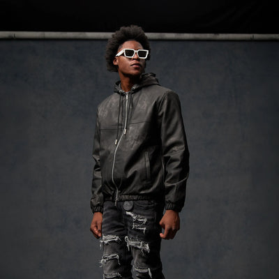 Amicci Rafel Leder Hooded Washed Black Jacket