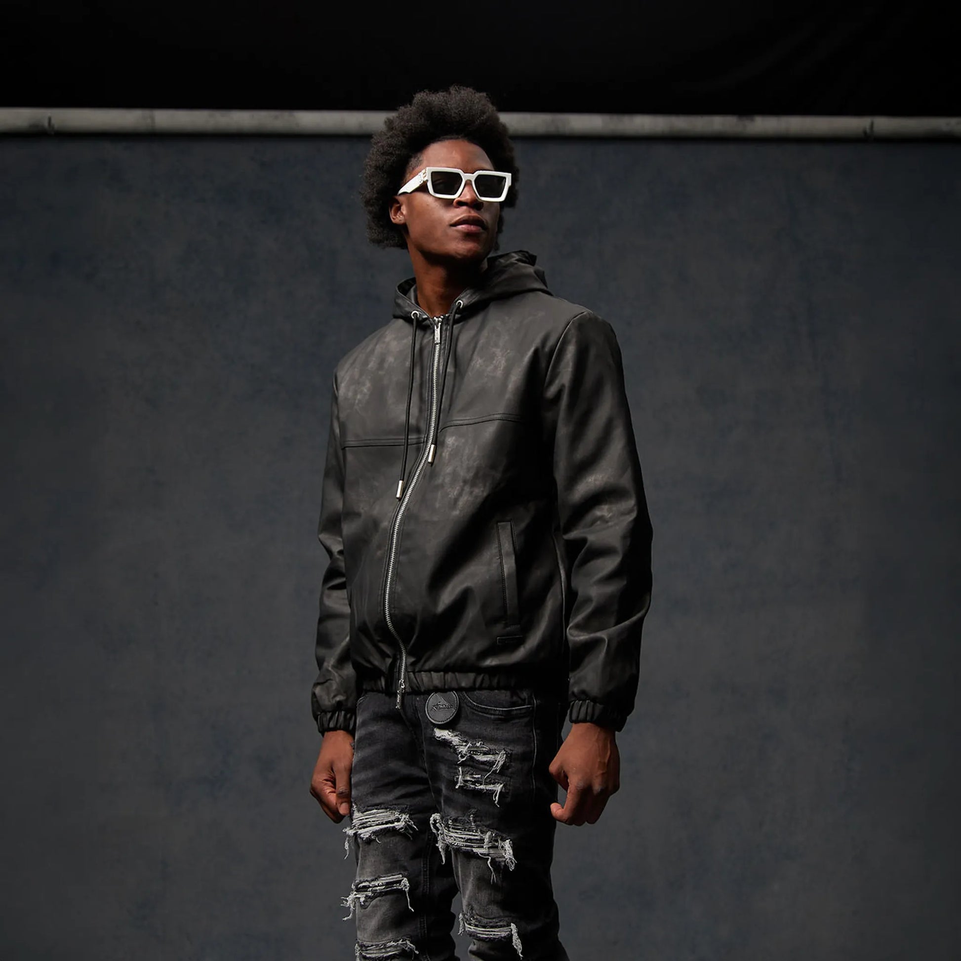 Amicci Rafel Leder Hooded Washed Black Jacket