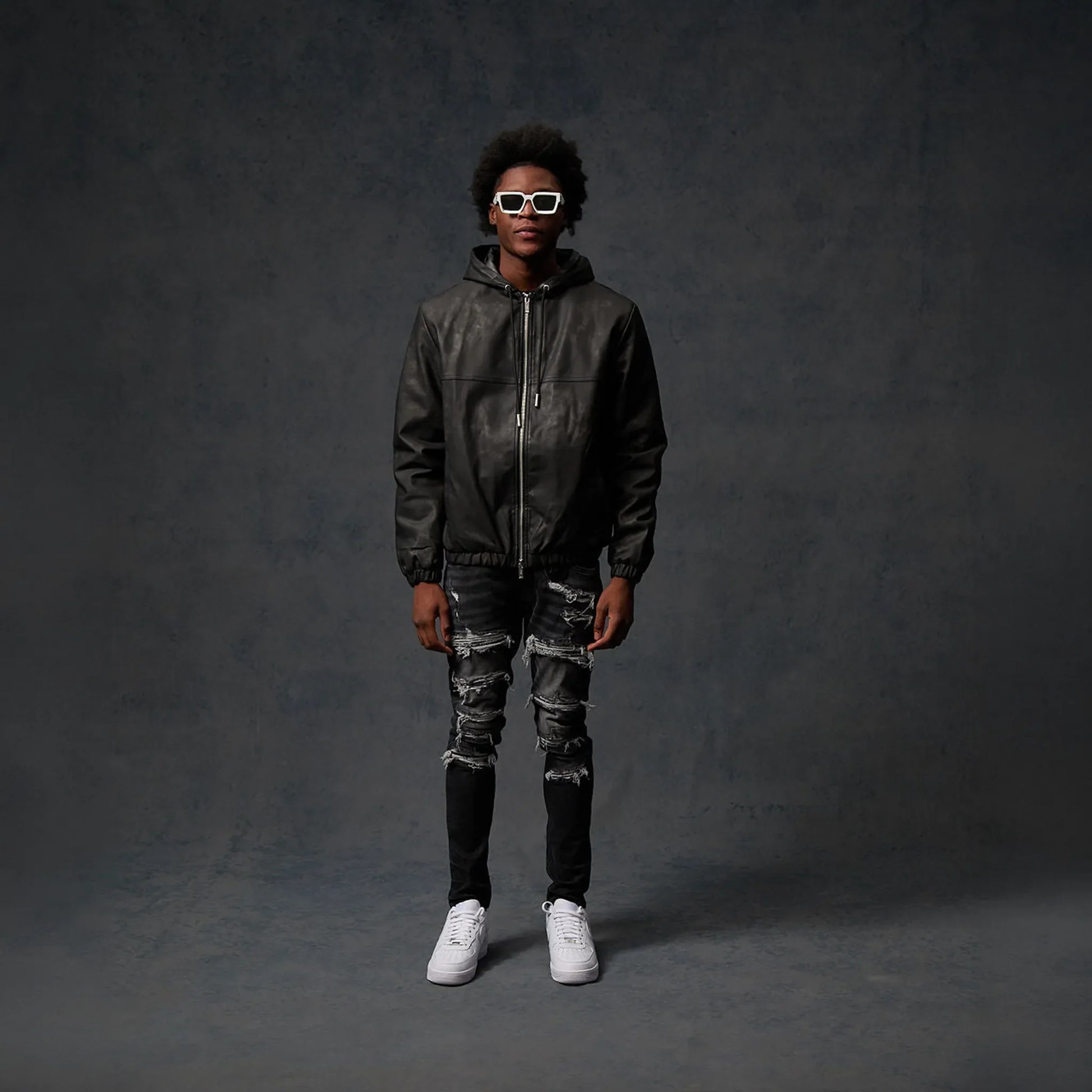 Amicci Rafel Leder Hooded Washed Black Jacket