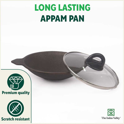 CASTrong Cast Iron Appam Pan/Appachetty, Glass Lid, Pre-seasoned, Nonstick, 100% Pure, Toxin-free, Induction, 22cm, 1.5kg
