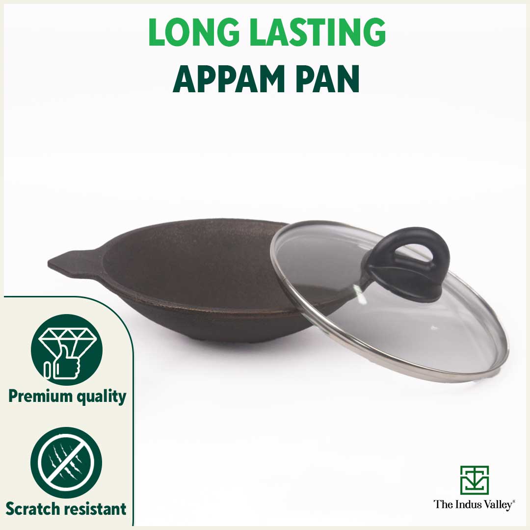 CASTrong Cast Iron Appam Pan/Appachetty, Glass Lid, Pre-seasoned, Nonstick, 100% Pure, Toxin-free, Induction, 22cm, 1.5kg