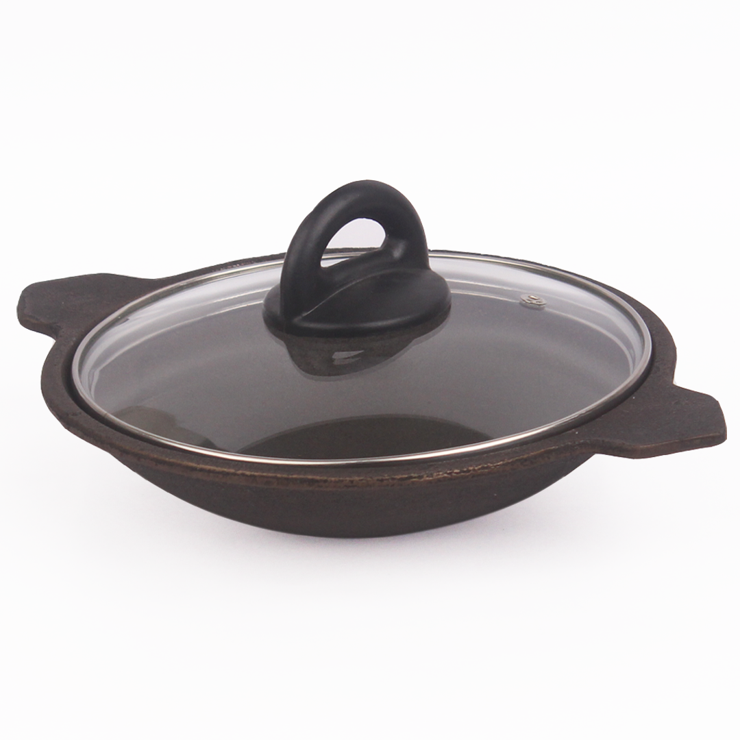 CASTrong Cast Iron Appam Pan/Appachetty, Glass Lid, Pre-seasoned, Nonstick, 100% Pure, Toxin-free, Induction, 22cm, 1.5kg