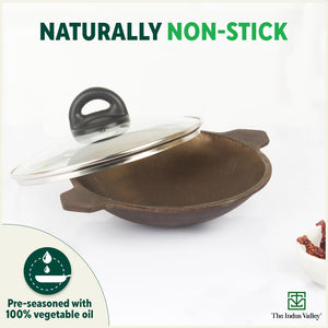 Super Smooth Cast Iron Appam Pan/Appachetty, Glass Lid,Pre-seasoned, Nonstick, 100% Pure, Toxin-free, 22cm, 1.9kg