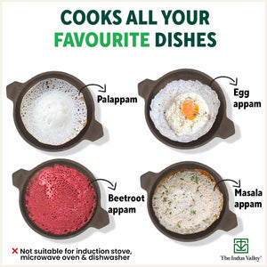 CASTrong Cast Iron Appam Pan/Appachetty, Glass Lid, Pre-seasoned, Nonstick, 100% Pure, Toxin-free, Induction, 22cm, 1.5kg