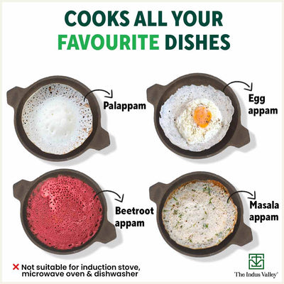 CASTrong Cast Iron Appam Pan/Appachetty, Glass Lid, Pre-seasoned, Nonstick, 100% Pure, Toxin-free, Induction, 22cm, 1.5kg
