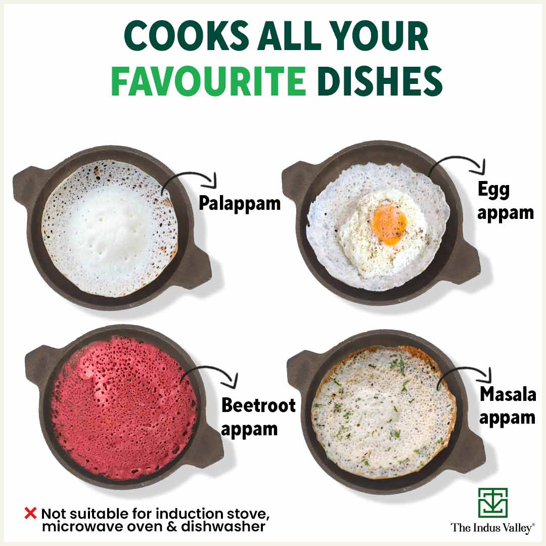 CASTrong Cast Iron Appam Pan/Appachetty, Glass Lid, Pre-seasoned, Nonstick, 100% Pure, Toxin-free, Induction, 22cm, 1.5kg