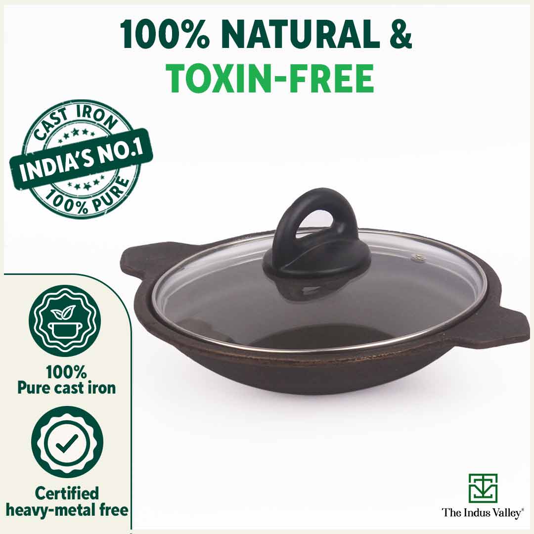 CASTrong Cast Iron Appam Pan/Appachetty, Glass Lid, Pre-seasoned, Nonstick, 100% Pure, Toxin-free, Induction, 22cm, 1.5kg