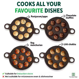 9 Pit/Cup CASTrong Cast Iron Paniyaram/Appe Pan+ Glass Lid, Pre-seasoned, Natural Nonstick, 100% Pure, Toxin-free, 21 cm, 2.7 kg