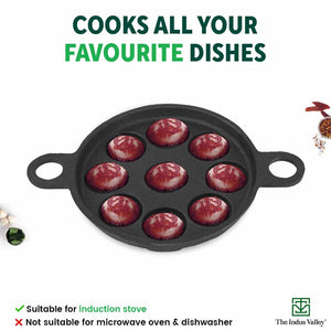 Super Smooth 9 Pit/Cup Cast Iron Paniyaram/Appe Pan+ Free Spatula, Pre-seasoned, Natural Nonstick, 100% Pure, Toxin-free, 21 cm, 2.8kg