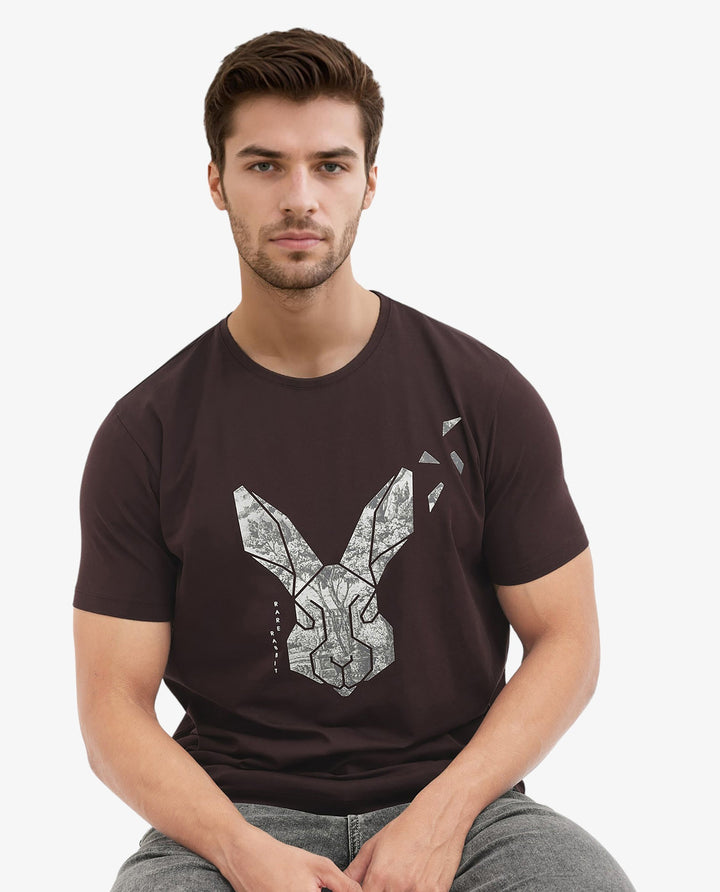 Rare Rabbit Men's Arbor Maroon Cotton Lycra Fabric Half Sleeves Graphic Logo Print T-Shirt