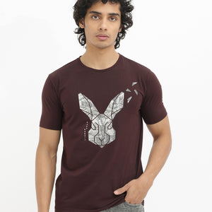 Rare Rabbit Men's Arbor Maroon Cotton Lycra Fabric Half Sleeves Graphic Logo Print T-Shirt
