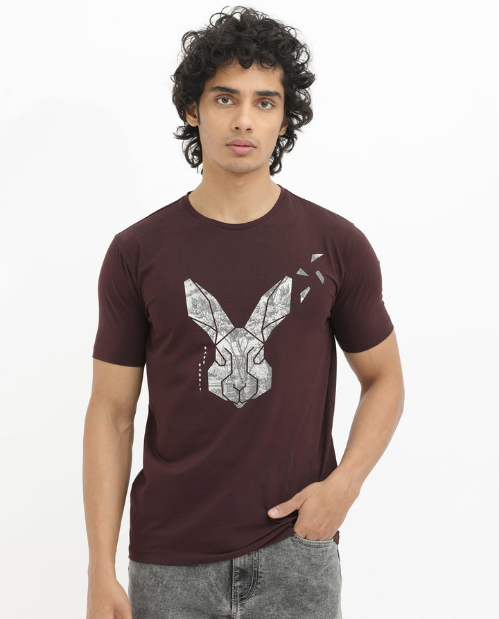 Rare Rabbit Men's Arbor Maroon Cotton Lycra Fabric Half Sleeves Graphic Logo Print T-Shirt