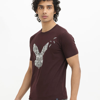 Rare Rabbit Men's Arbor Maroon Cotton Lycra Fabric Half Sleeves Graphic Logo Print T-Shirt
