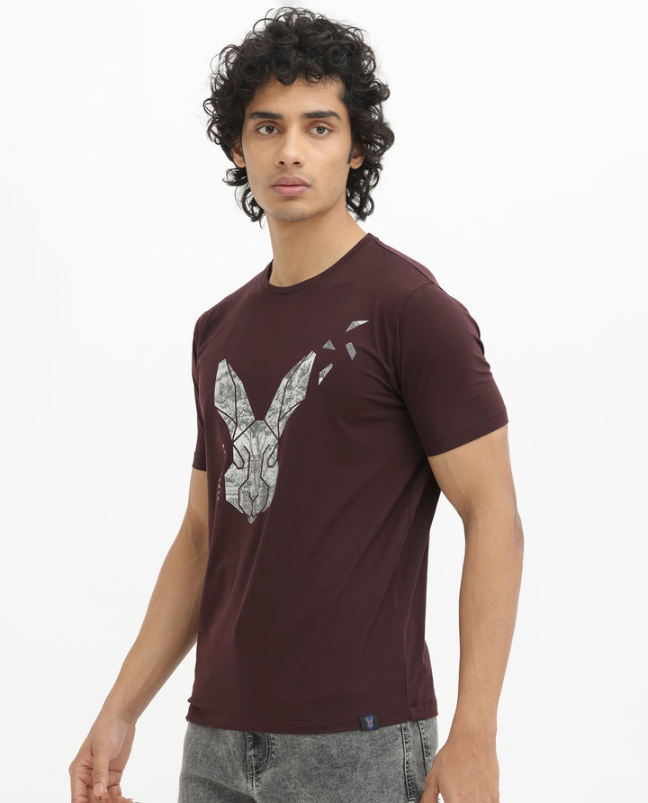 Rare Rabbit Men's Arbor Maroon Cotton Lycra Fabric Half Sleeves Graphic Logo Print T-Shirt