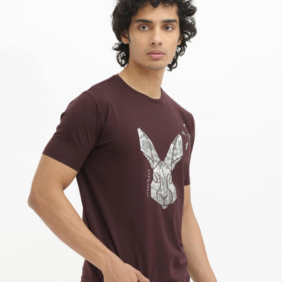 Rare Rabbit Men's Arbor Maroon Cotton Lycra Fabric Half Sleeves Graphic Logo Print T-Shirt