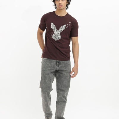Rare Rabbit Men's Arbor Maroon Cotton Lycra Fabric Half Sleeves Graphic Logo Print T-Shirt