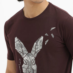 Rare Rabbit Men's Arbor Maroon Cotton Lycra Fabric Half Sleeves Graphic Logo Print T-Shirt