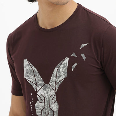 Rare Rabbit Men's Arbor Maroon Cotton Lycra Fabric Half Sleeves Graphic Logo Print T-Shirt
