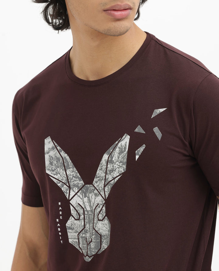 Rare Rabbit Men's Arbor Maroon Cotton Lycra Fabric Half Sleeves Graphic Logo Print T-Shirt