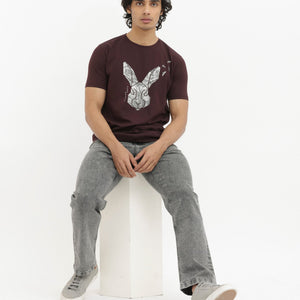 Rare Rabbit Men's Arbor Maroon Cotton Lycra Fabric Half Sleeves Graphic Logo Print T-Shirt