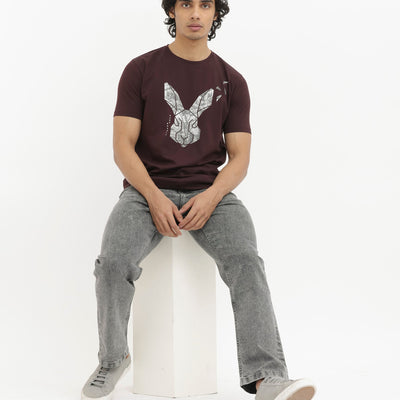 Rare Rabbit Men's Arbor Maroon Cotton Lycra Fabric Half Sleeves Graphic Logo Print T-Shirt