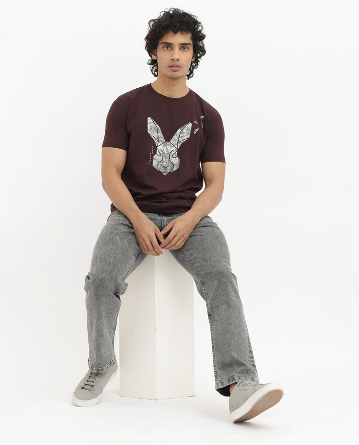 Rare Rabbit Men's Arbor Maroon Cotton Lycra Fabric Half Sleeves Graphic Logo Print T-Shirt