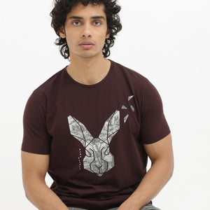 Rare Rabbit Men's Arbor Maroon Cotton Lycra Fabric Half Sleeves Graphic Logo Print T-Shirt