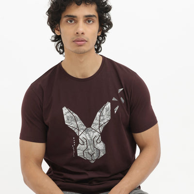 Rare Rabbit Men's Arbor Maroon Cotton Lycra Fabric Half Sleeves Graphic Logo Print T-Shirt