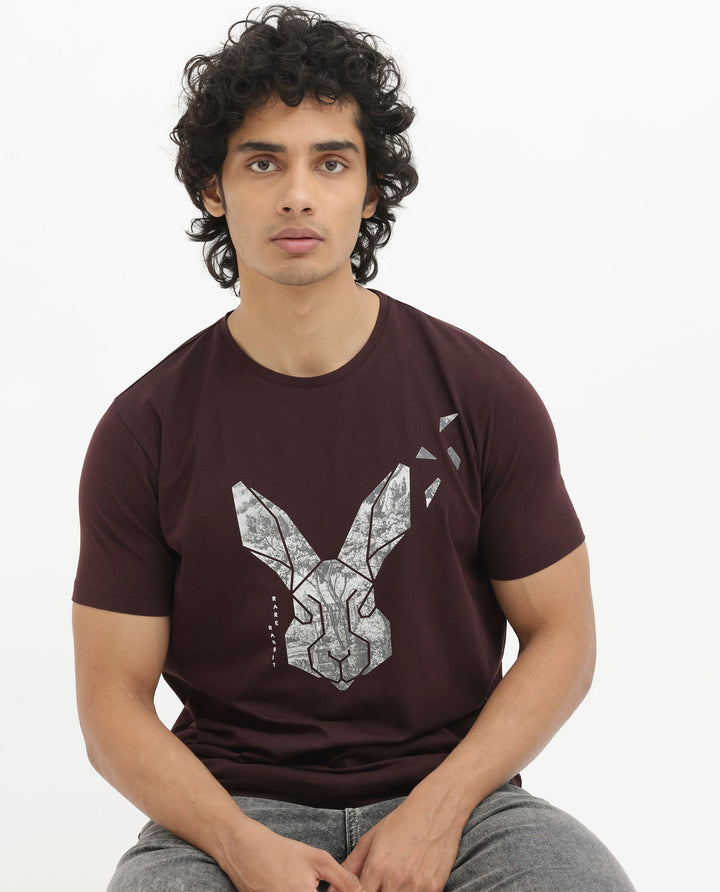 Rare Rabbit Men's Arbor Maroon Cotton Lycra Fabric Half Sleeves Graphic Logo Print T-Shirt