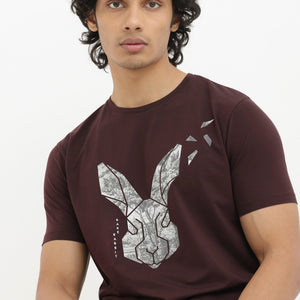 Rare Rabbit Men's Arbor Maroon Cotton Lycra Fabric Half Sleeves Graphic Logo Print T-Shirt