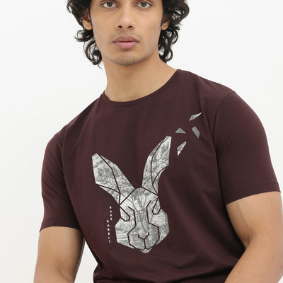 Rare Rabbit Men's Arbor Maroon Cotton Lycra Fabric Half Sleeves Graphic Logo Print T-Shirt
