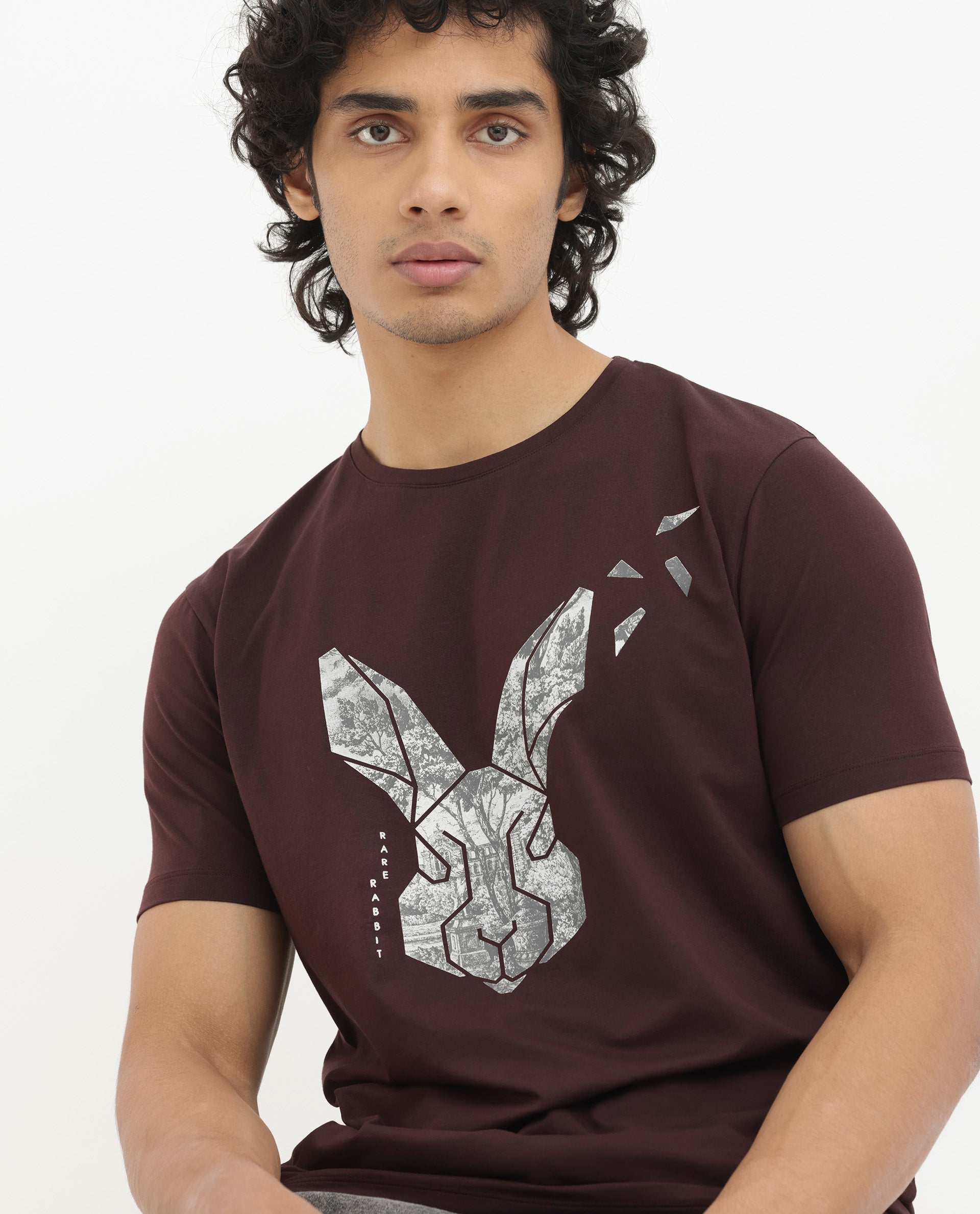 Rare Rabbit Men's Arbor Maroon Cotton Lycra Fabric Half Sleeves Graphic Logo Print T-Shirt