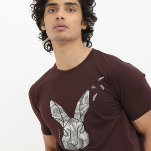 Rare Rabbit Men's Arbor Maroon Cotton Lycra Fabric Half Sleeves Graphic Logo Print T-Shirt