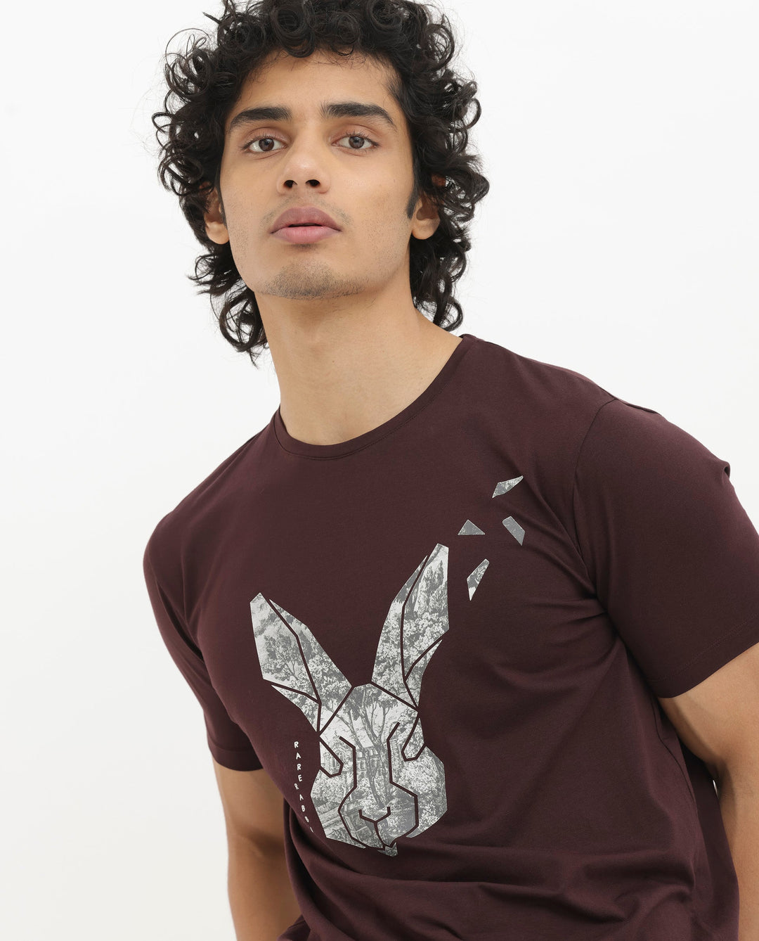 Rare Rabbit Men's Arbor Maroon Cotton Lycra Fabric Half Sleeves Graphic Logo Print T-Shirt