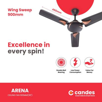 Candes Arena 900mm High-Speed Decorative Ceiling Fans for Home | BEE Star Rated 405 RPM Anti-Dust | 2 Years Warranty (Coffee Brown) Pack of 1