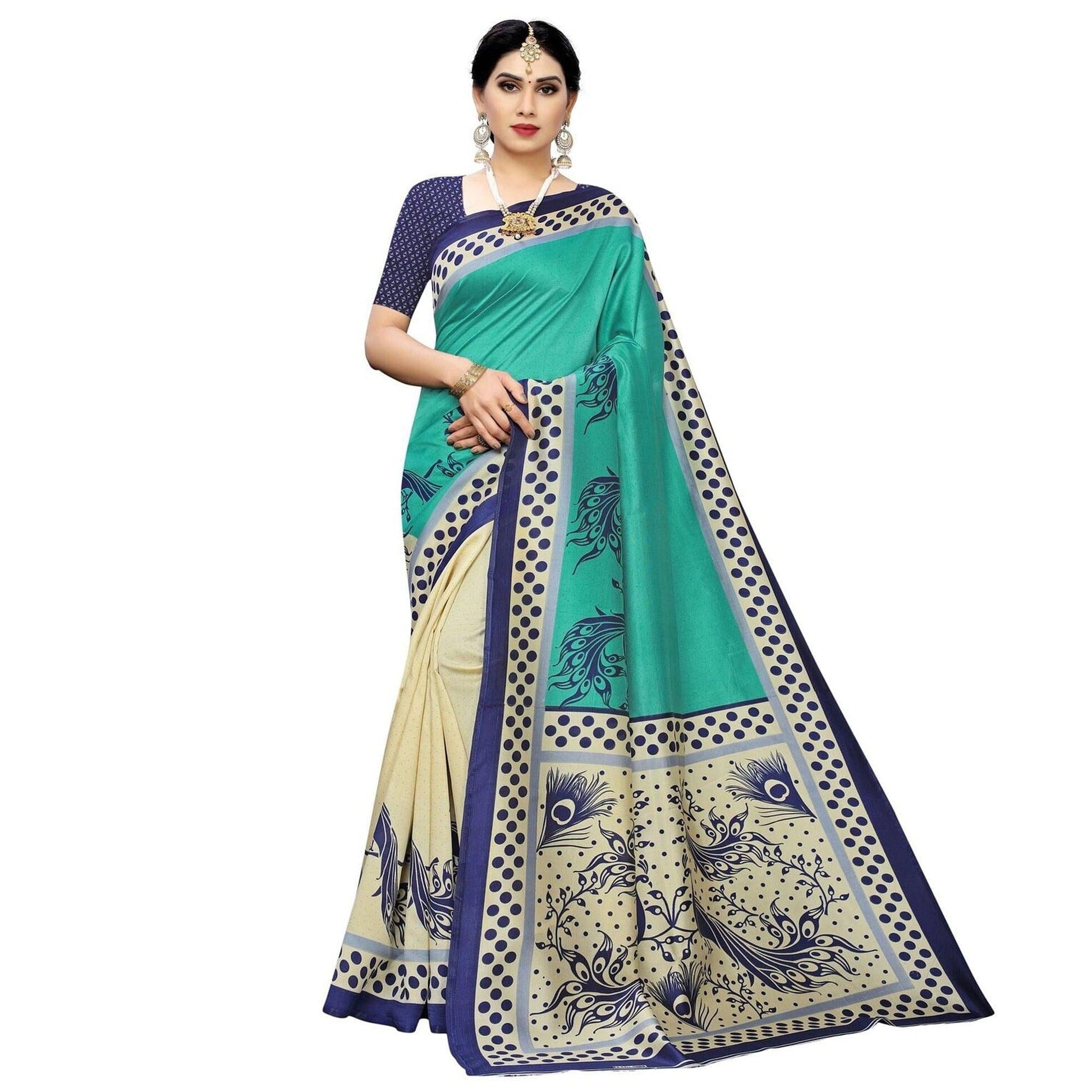 Cream Green Printed Art Silk Half N Half Saree
