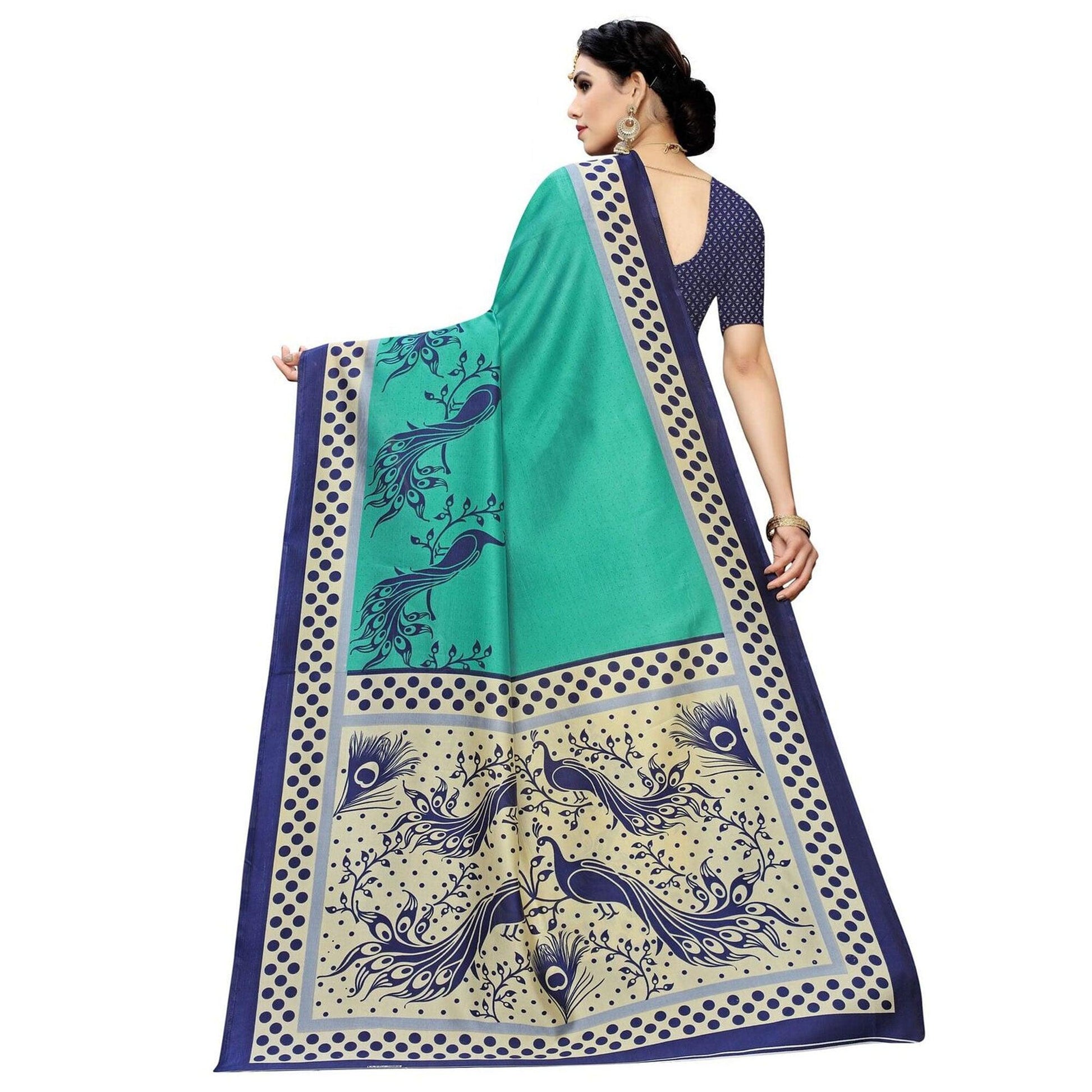 Cream Green Printed Art Silk Half N Half Saree