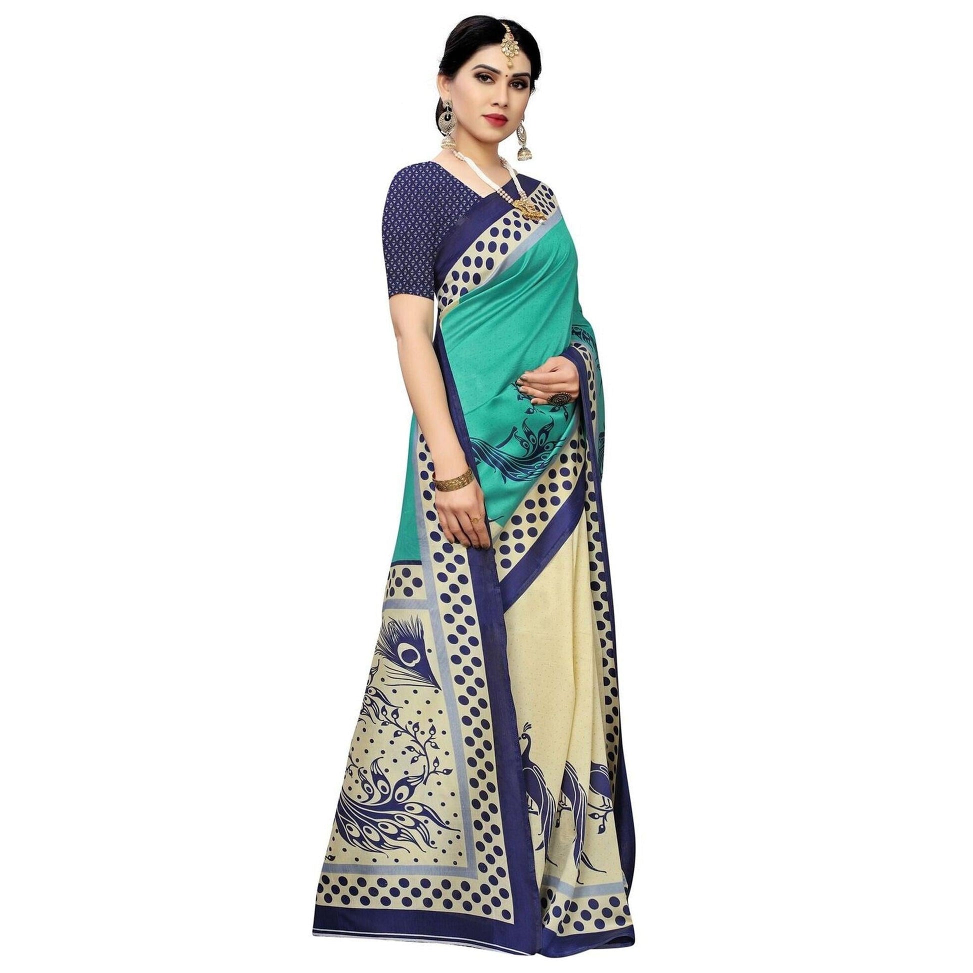Cream Green Printed Art Silk Half N Half Saree