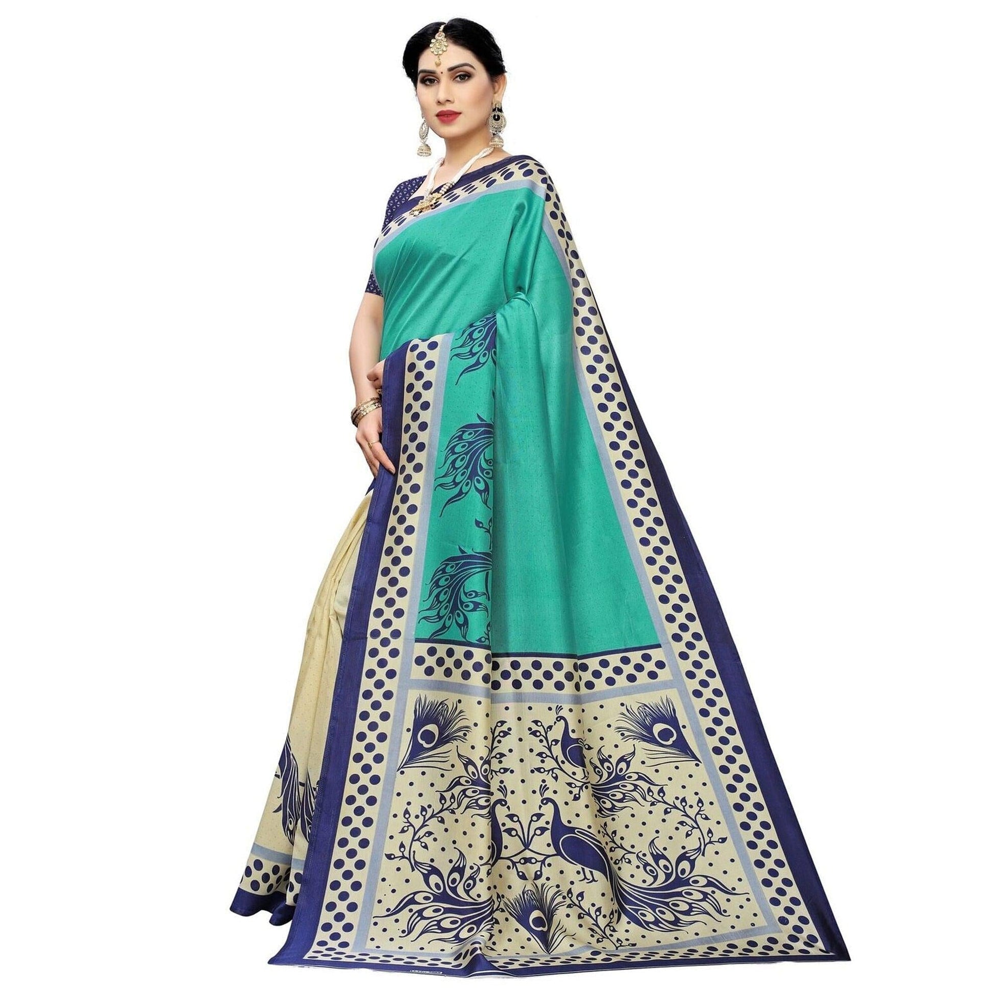 Cream Green Printed Art Silk Half N Half Saree