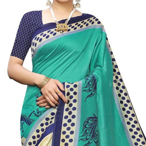 Cream Green Printed Art Silk Half N Half Saree