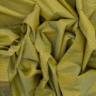Cardamom Green Handloom Kanchi Cotton Saree With Checks & Square Motifs