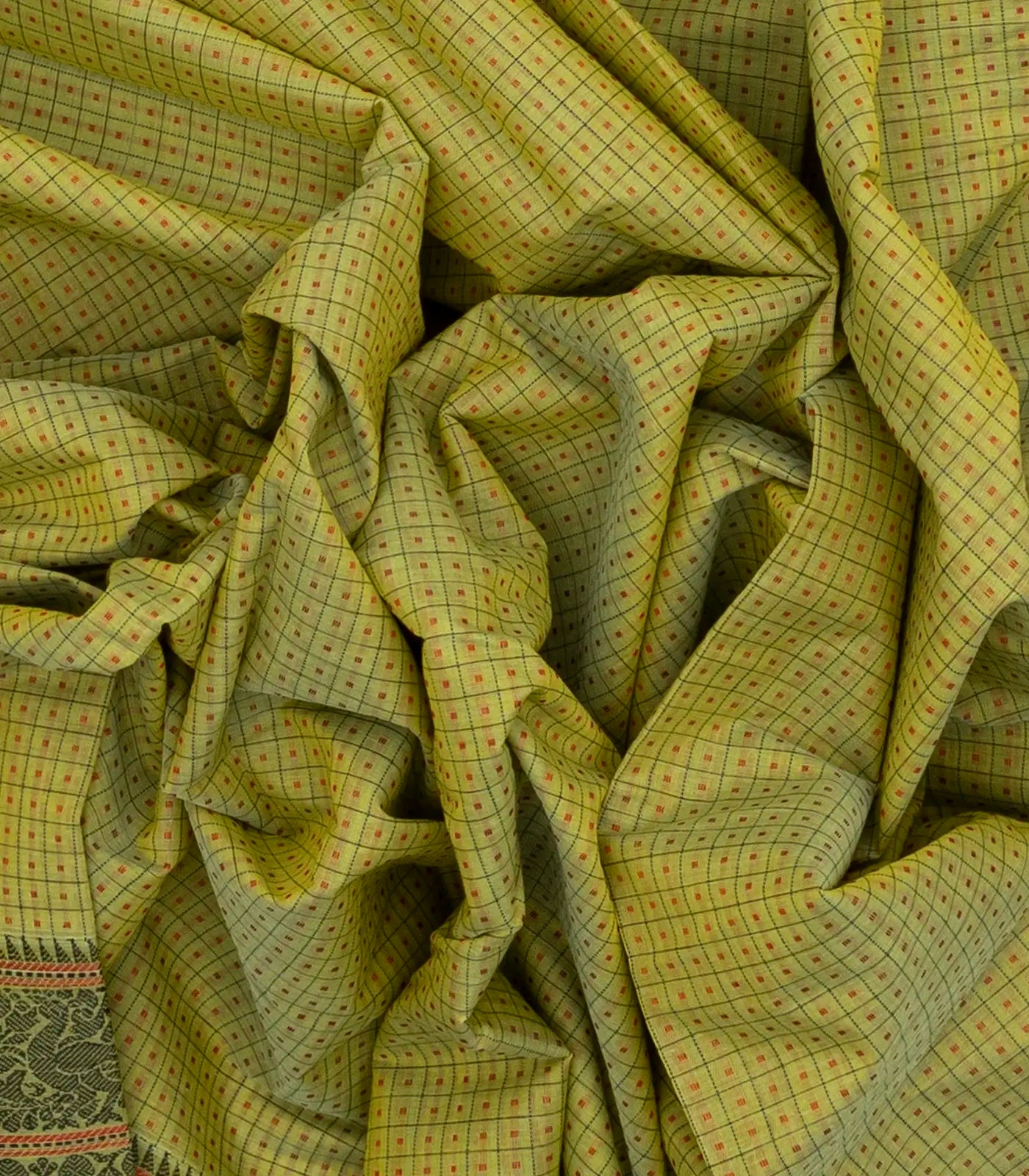 Cardamom Green Handloom Kanchi Cotton Saree With Checks & Square Motifs