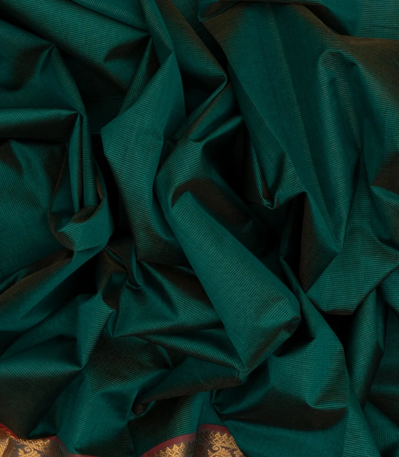 Teal Handloom Silk Cotton Saree With Contrast Red Border