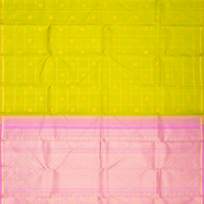 Light Green Handloom Kanchipuram Silk Saree With Checks & Buttas