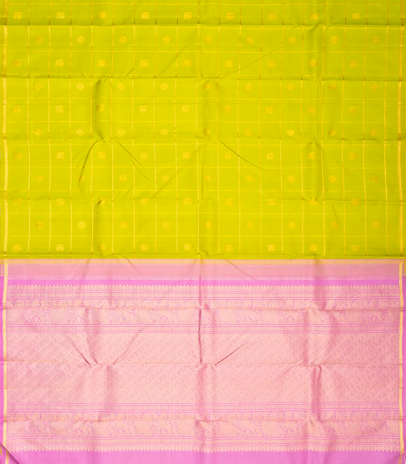 Light Green Handloom Kanchipuram Silk Saree With Checks & Buttas