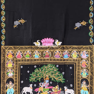 Black Radha Krishna Hand-Painted Pattachitra Saree (PRE ORDER)