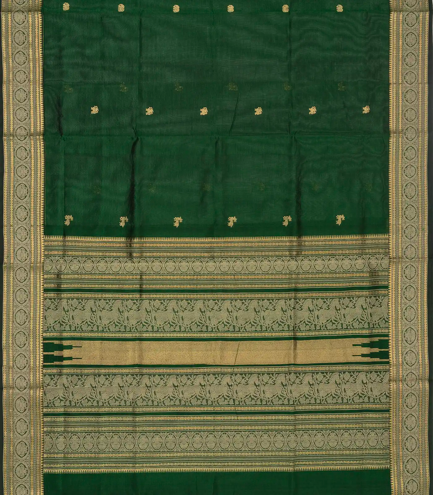 Dark Green Handloom Silk Cotton Saree With Maan (Deer) And Elephant (Yannai) Motifs