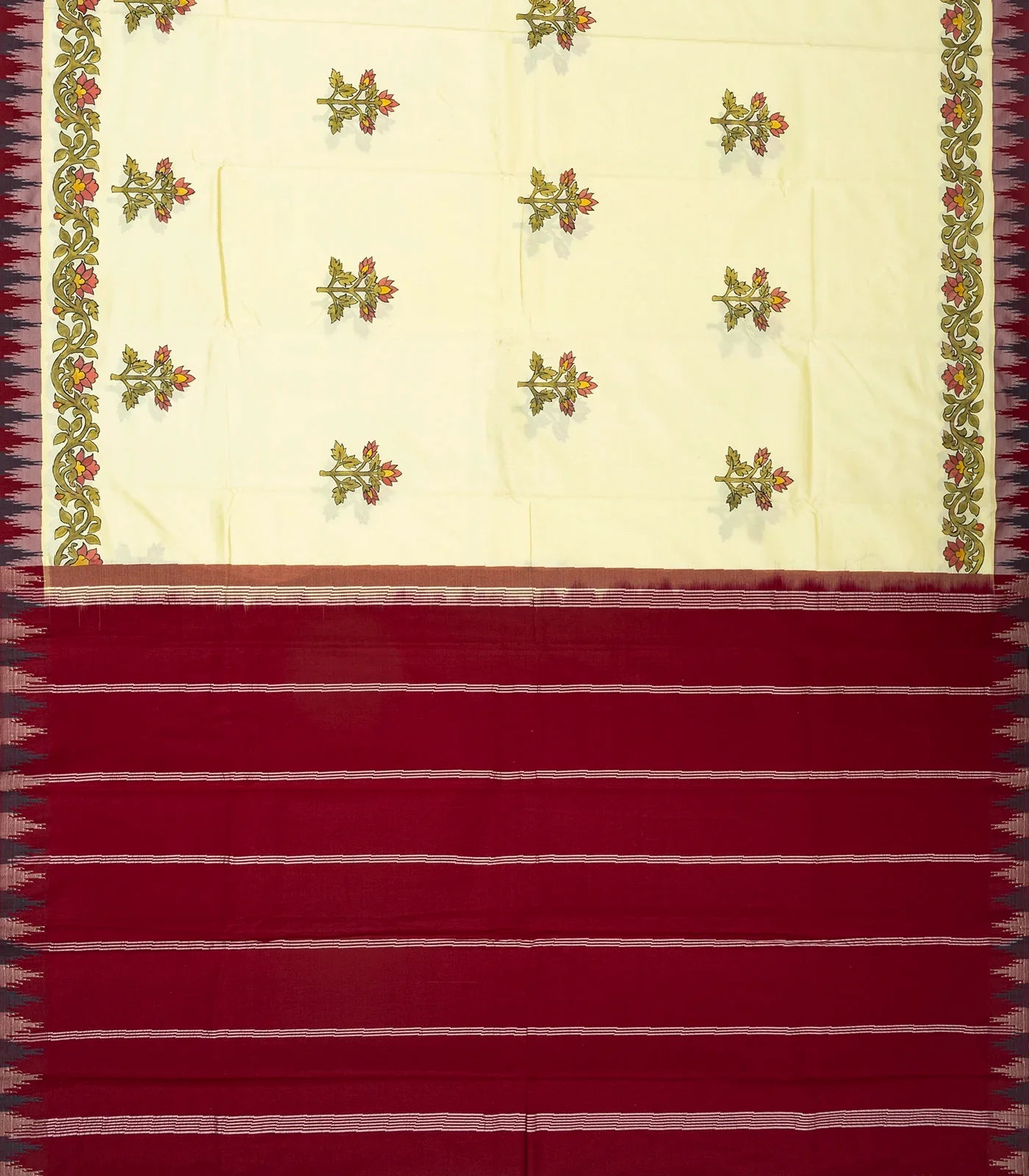 Cream Handwoven Korvai Silk Saree With Hand painted Meena Floral Motifs