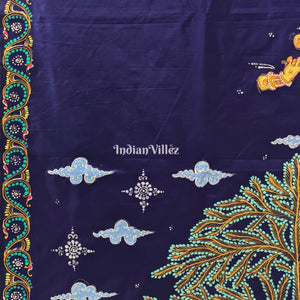 Dark Blue Arjuna Bows to Navagunjara Hand-Painted Pattachitra Saree