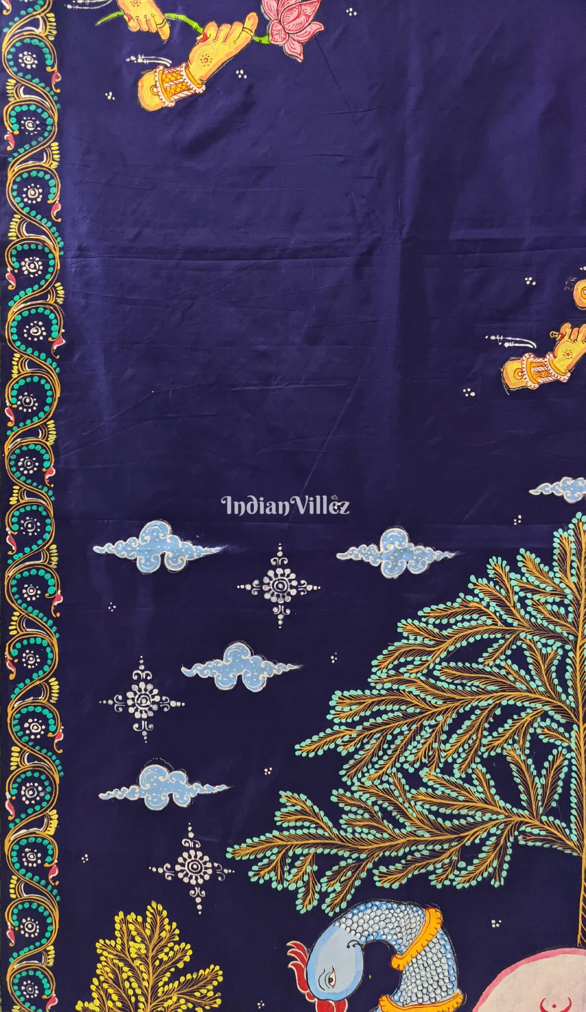 Dark Blue Arjuna Bows to Navagunjara Hand-Painted Pattachitra Saree